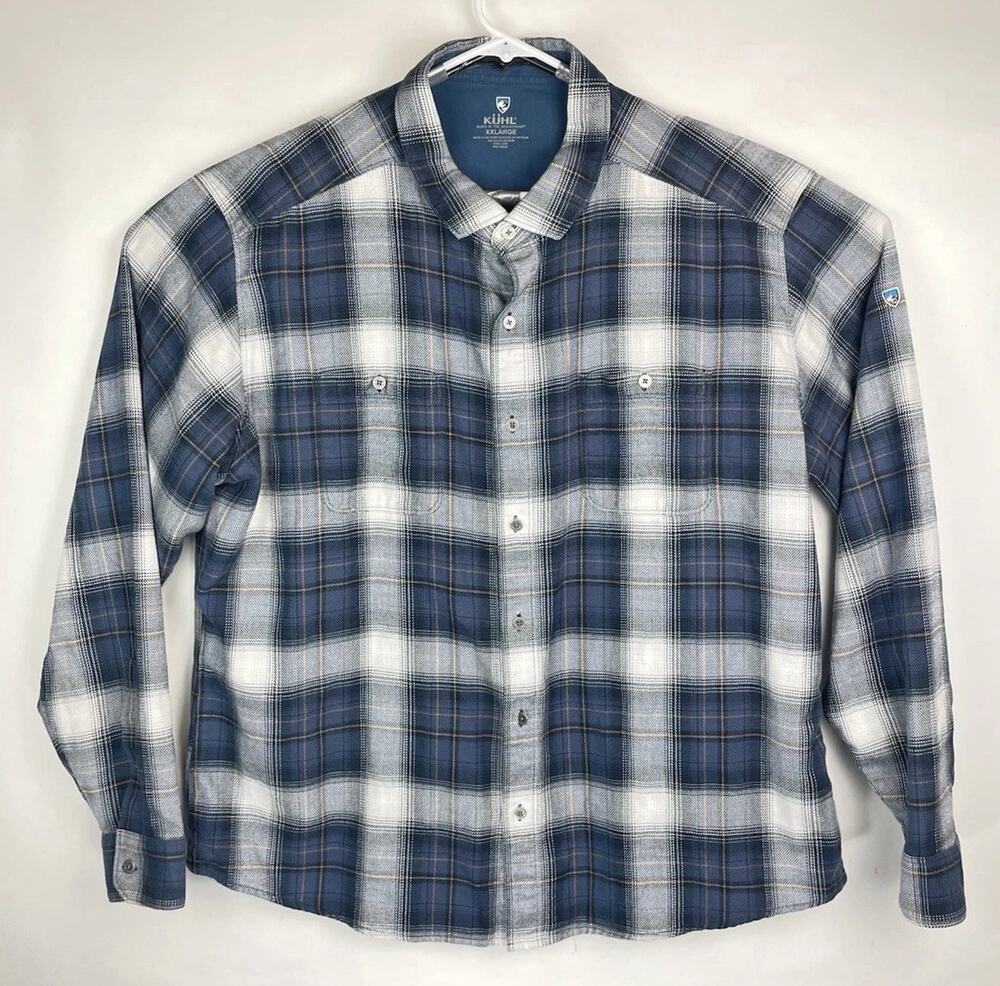 KUHL Flannel Button Shirt Mens 2XL Blue Gray White Plaid Long Sleeve Casual